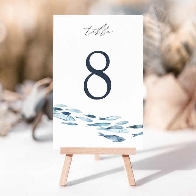 Elegant Coastal Blue Watercolor Fish Wedding Table Number (Creator Uploaded)