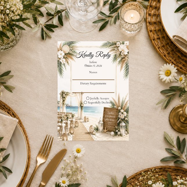 Elegant Coastal Boho Romance Wedding RSVP Card (Creator Uploaded)
