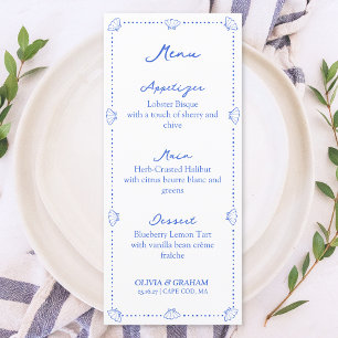 Elegant Coastal Hand Drawn Seashell Blue Wedding  Menu