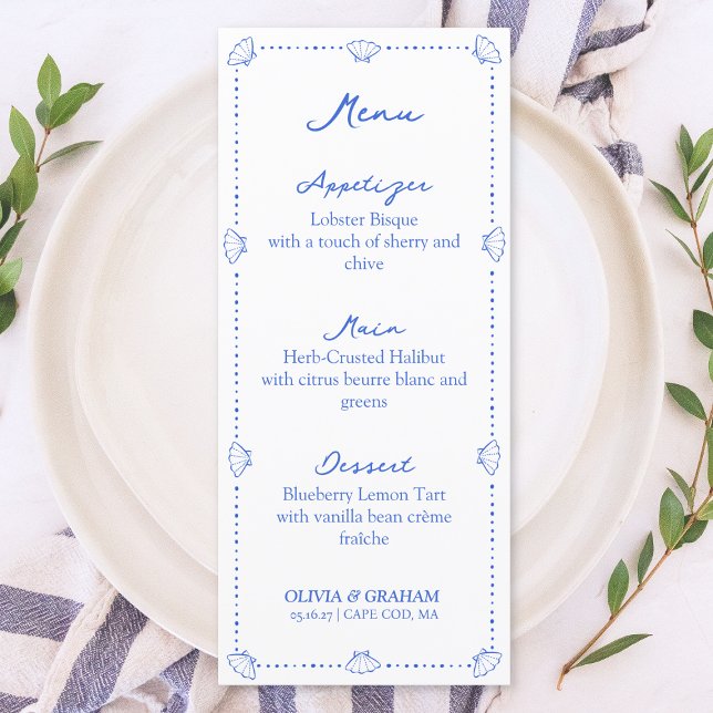 Elegant Coastal Hand Drawn Seashell Blue Wedding  Menu (Creator Uploaded)