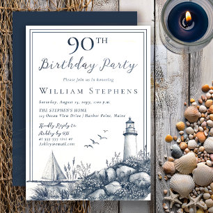 Elegant Coastal Lighthouse 90th Birthday Party Invitation