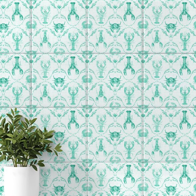 Elegant Coastal Lobster and Crabs in Mint Green Tile (Elegant Coastal Lobster and Crabs in Mint Green Ceramic Tile)