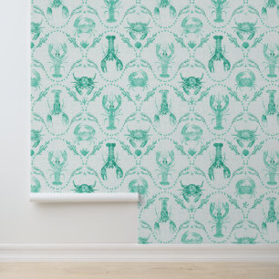 Elegant Coastal Lobster and Crabs in Mint Green Wallpaper