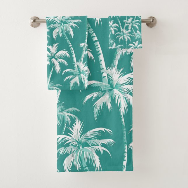 Elegant Coastal Palm Pattern Teal Tropical Design Bath Towel Set (Insitu)