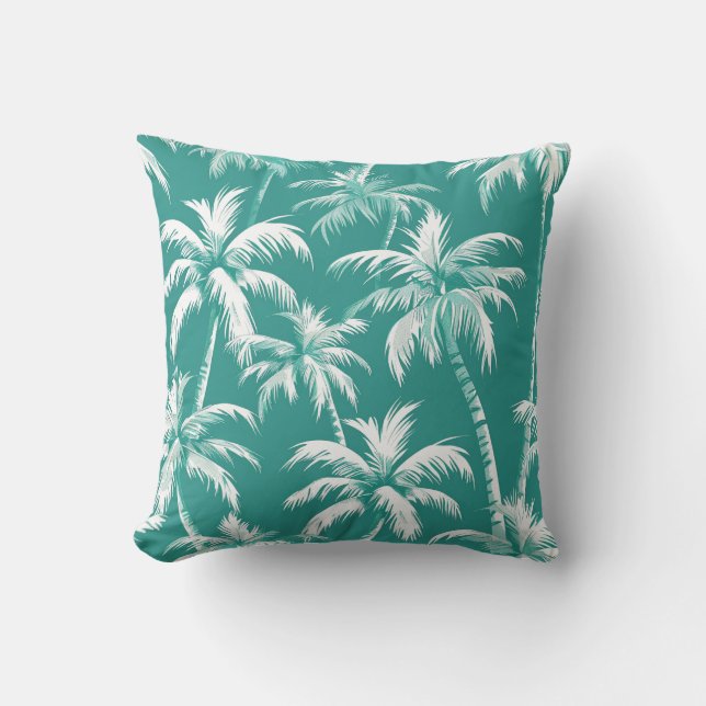 Elegant Coastal Palm Pattern Teal Tropical Design Cushion (Front)