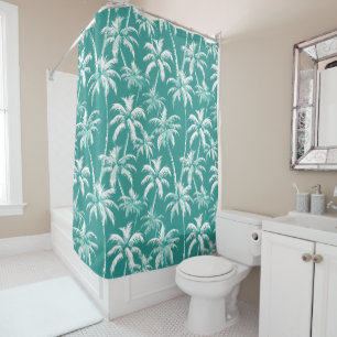 Elegant Coastal Palm Pattern Teal Tropical Design Shower Curtain