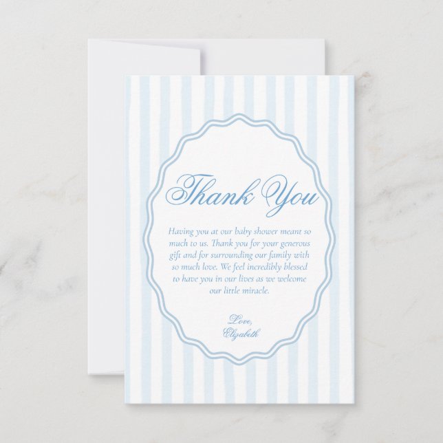 Elegant Coastal Preppy Blue Stripe Scalloped Frame Thank You Card (Front)