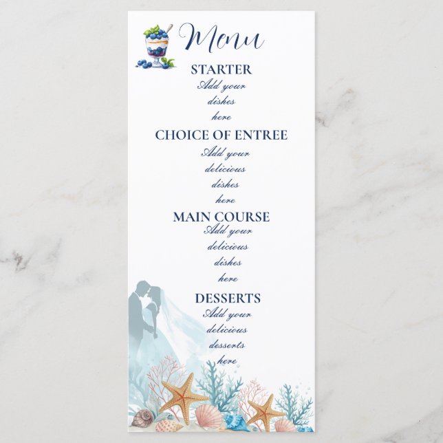 Elegant Coastal Romance Beach Wedding Menu (Front)