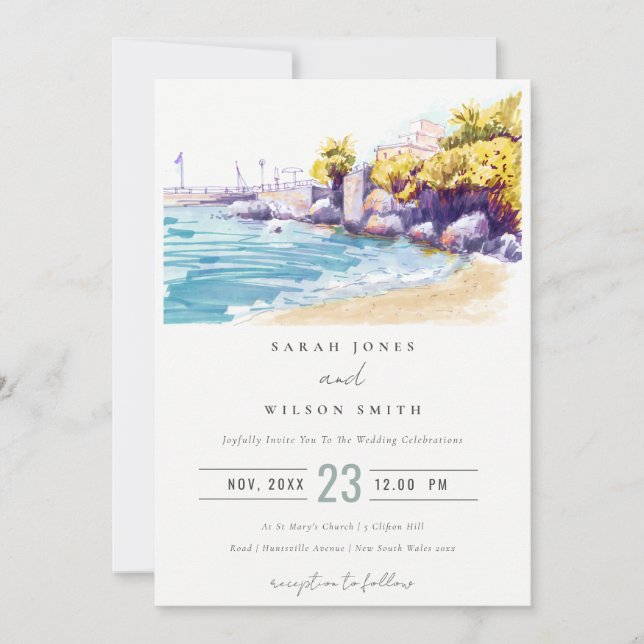 Elegant Coastal Sand Beach Rocky Seascape Wedding Invitation (Front)