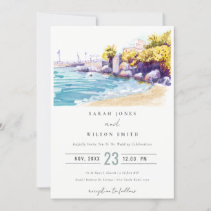 Elegant Coastal Sand Beach Rocky Seascape Wedding Invitation