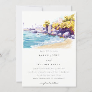 Elegant Coastal Sand Beach Rocky Seascape Wedding Invitation