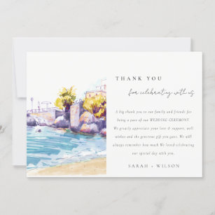 Elegant Coastal Sand Beach Rocky Seascape Wedding Thank You Card