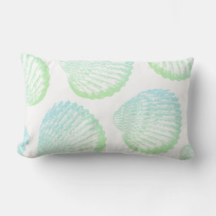 Elegant Coastal Sea Green Gradient Seashells Lumbar Cushion