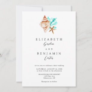 Elegant Coastal Seashell Watercolor Beach Wedding Invitation