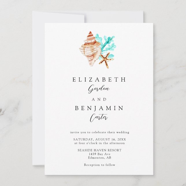 Elegant Coastal Seashell Watercolor Beach Wedding Invitation (Front)