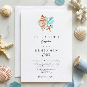 Elegant Coastal Seashell Watercolor Beach Wedding Invitation
