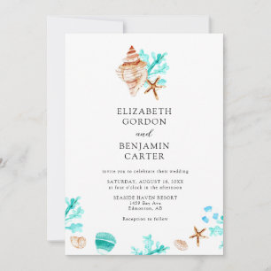 Elegant Coastal Seashell Watercolor Beach Wedding Invitation