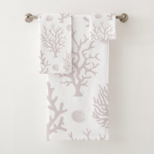 Elegant Coastal Taupe Sea Coral & White Bath Towel Set