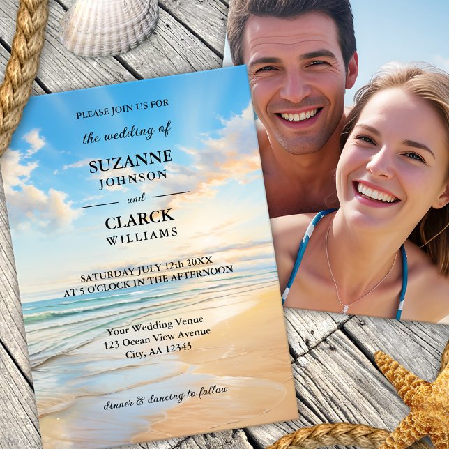 Elegant Coastal Watercolor Beach Wedding Invitation (A coastal photo wedding invitation featuring a watercolor painting of a beach on a sunny day)