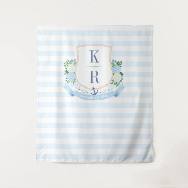 Elegant Coastal Wedding Crest Photo Backdrop Tapestry (Front)