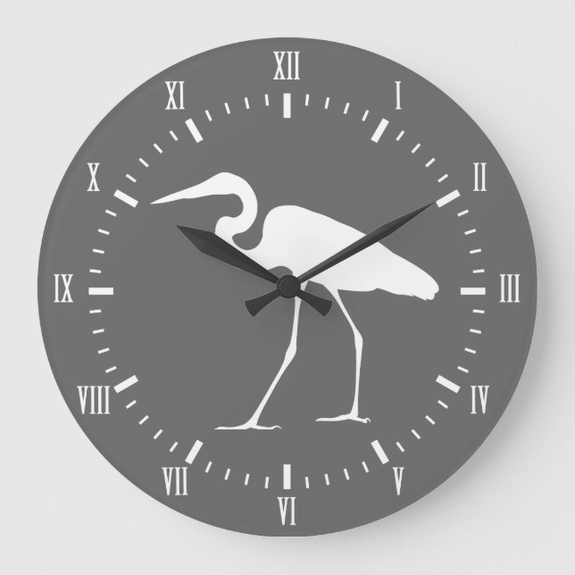 Elegant Coastal White Egret Bird & Grey Large Clock (Front)