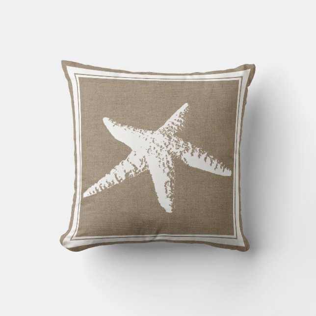 Elegant Coastal White Starfish & Faux Burlap Cushion (Front)