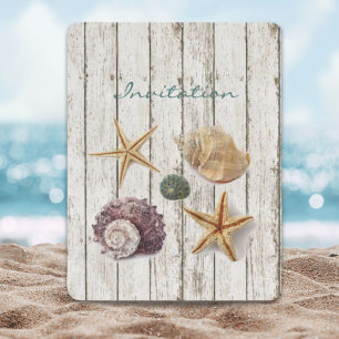elegant coastal wood seashells beach wedding invitation