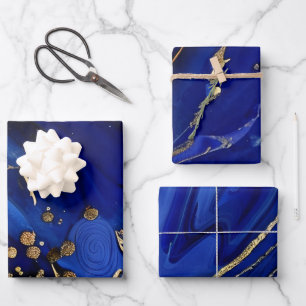 Elegant Cobalt Blue and Gold Alcohol Ink Patterns Wrapping Paper Sheet