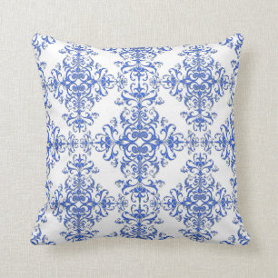 Elegant Cobalt Blue and White Floral Style Damask Cushion