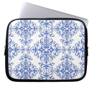 Elegant Cobalt Blue and White Floral Style Damask Laptop Sleeve