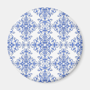 Elegant Cobalt Blue and White Floral Style Damask Magnet