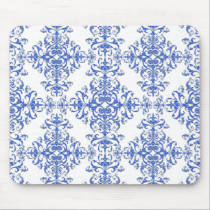 Elegant Cobalt Blue and White Floral Style Damask Mouse Mat