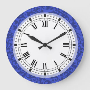 Elegant Cobalt Blue Damask Scrolls Large Clock