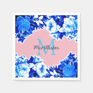 Elegant Cobalt Blue Flowers & Blush   Personalised Napkin