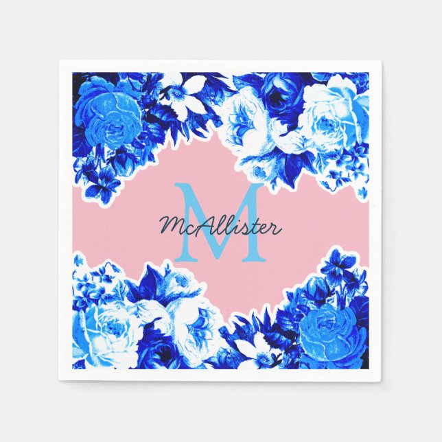 Elegant Cobalt Blue Flowers & Blush | Personalised Napkin (Front)