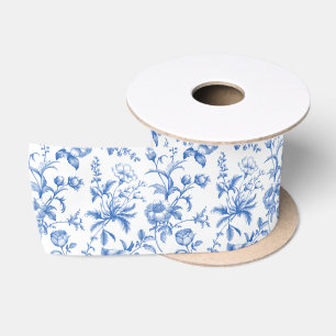 Elegant Cobalt Blue Grandmillennial Toile Floral Satin Ribbon