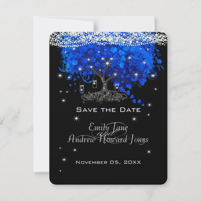 Elegant Cobalt Blue Heart Leaf Tree Save the Date Invitation (Front)