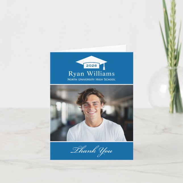 Elegant Cobalt Blue Personalized Graduation Photo Thank You Card (Front)