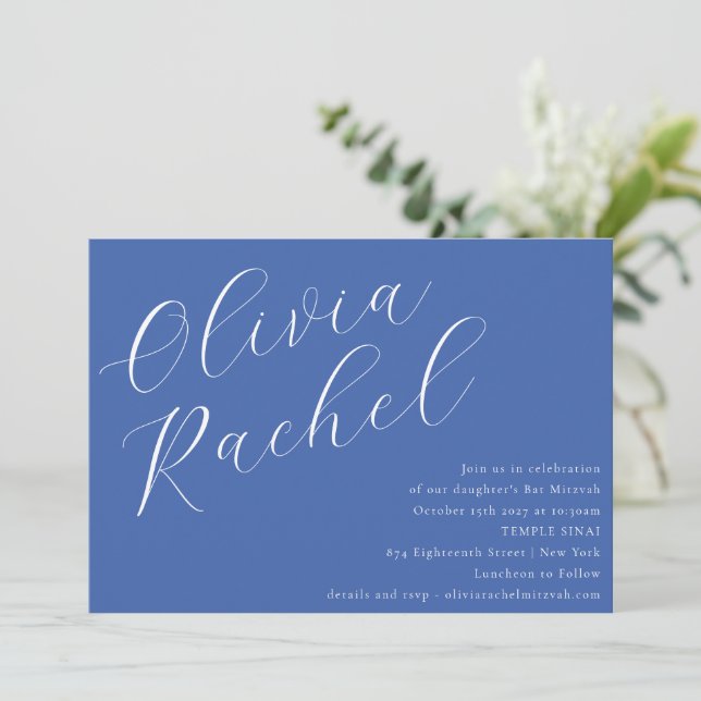 Elegant Cobalt Blue Script Minimal Bat Mitzvah Invitation (Standing Front)