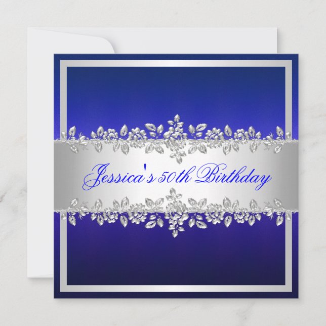 Elegant Cobalt Blue Silver Roses Birthday Party Invitation (Front)