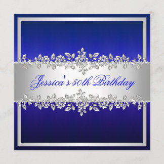 Elegant Cobalt Blue Silver Roses Birthday Party Invitation