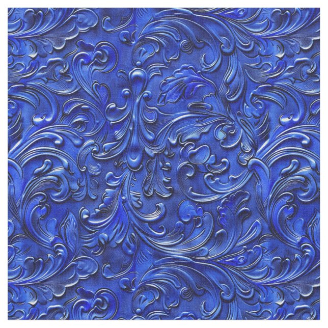 Elegant cobalt blue tooled leather  fabric (Close Up)