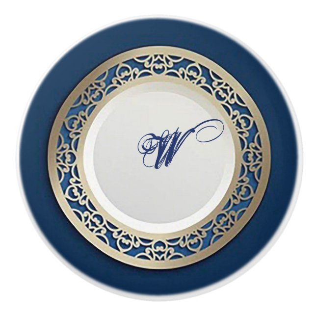 Elegant Cobalt Blue w/Ornate Gold Border Ceramic Knob (Front)