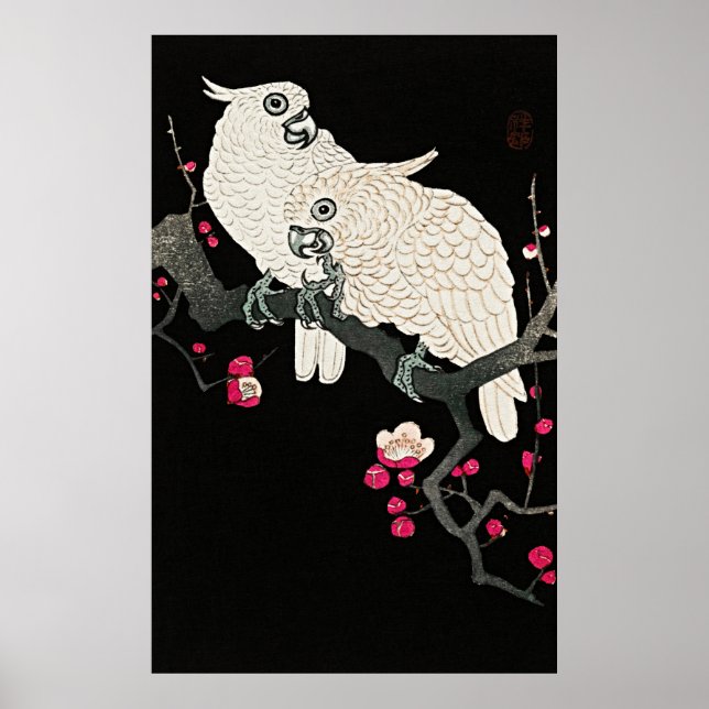 Elegant Cockatoos & Plum Blossom - Japanese Art Poster (Front)