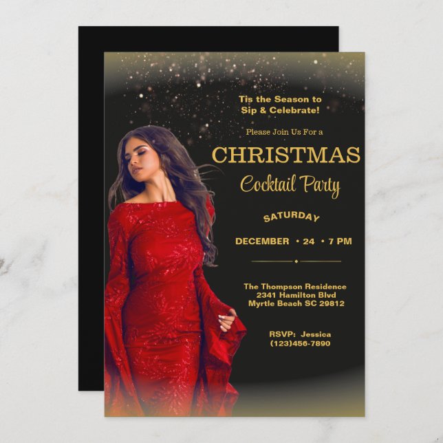 Elegant Cocktail Christmas Black Gold Red Party  Invitation (Front/Back)
