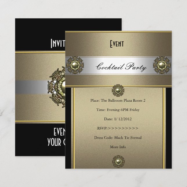 Elegant Cocktail Party Black Silver Bronze Invitation (Front/Back)