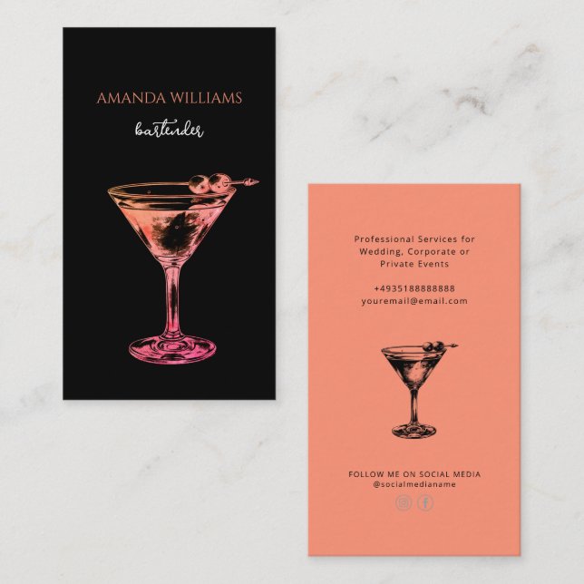Elegant Cocktail Professional Bartender Business Card (Front/Back)