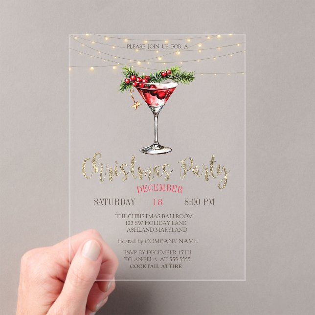 Elegant Cocktail,String Lights Gold Christmas  Acrylic Invitations (Insitu (Handheld))