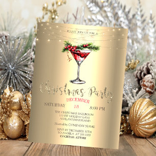 Elegant Cocktail,String Lights Gold Christmas Invitation