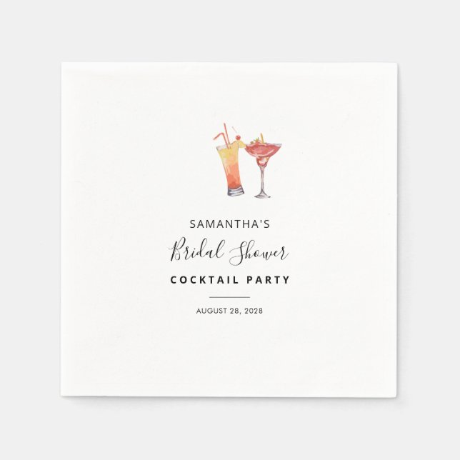 Elegant Cocktails Watercolor Bridal Shower Napkin (Front)